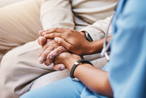 Elderly woman showing signs of sexual abuse in a nursing home.